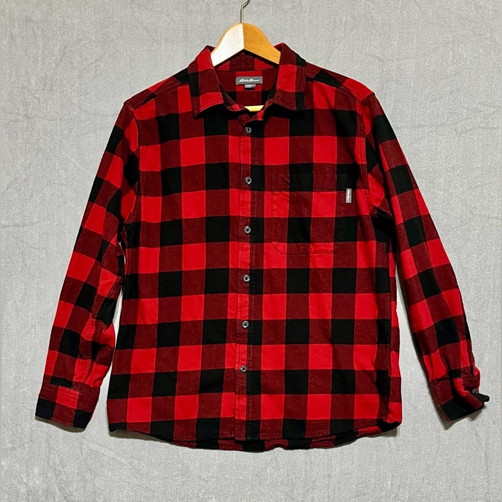 Eddie Bauer Buffalo Red Black Checkered Button Flannel Shirt Men’s‎ Size Large